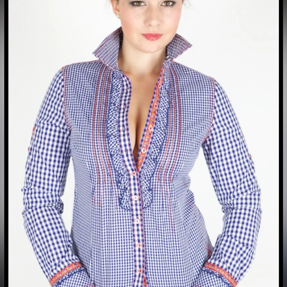 Kruger Madll Traditional German Check Ruffle Embroidered Top